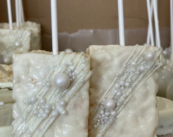 12 White bridal shower / wedding inspired chocolate covered rice crispy treats