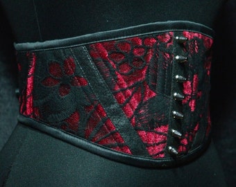 Red and black gothic corset belt with spikes