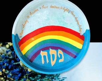 Rainbow Seder Plate Passover Pesach Judaica spring hand-painted