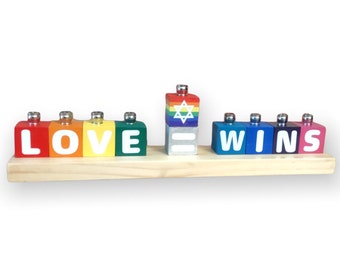 Love Wins Menorah, Rainbow, Wooden Blocks repurposed, Equality LGBTQ queer lesbian transgender Jewish Hanukkah Star