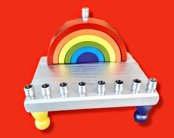 Rainbow Menorah madera plata Hanukkiah Judaica judío Hanukkah regalo