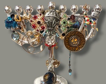 Animales con joyas Globo aerostático Menorah Vintage Bling Hanukkiah Joyería Chanukah Judaica