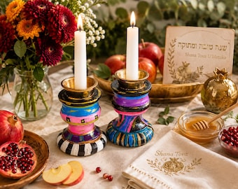 Hand Painted Shabbat Candlesticks Set | Colorful Jewish Candle Holders | Modern Judaica | Jewish Wedding & Housewarming Gift