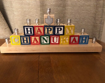 Happy Chanukah Menorah dreidel Wooden Blocks Judaica Jewish Hanukkah