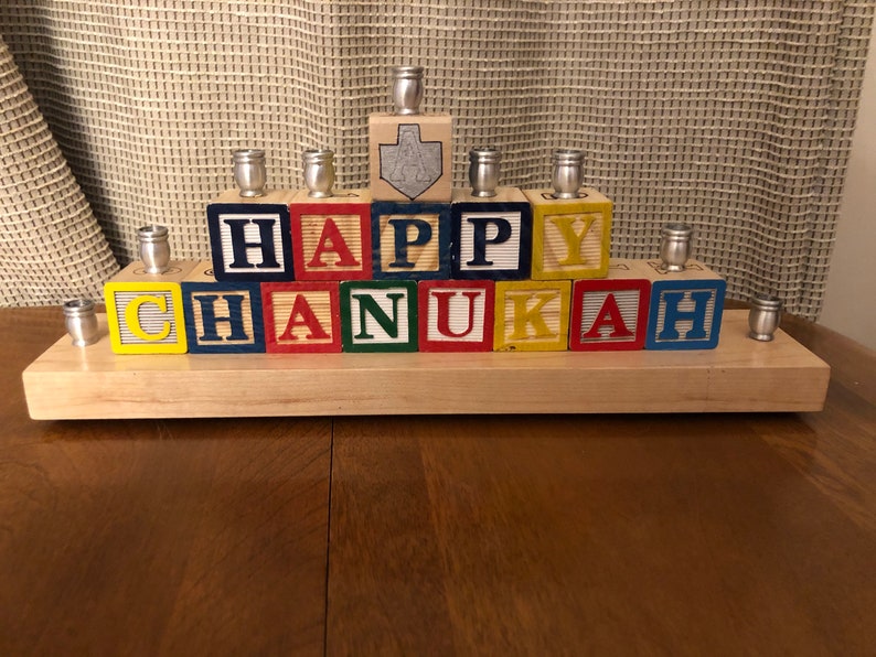 Happy Chanukah Menorah dreidel Wooden Blocks Judaica Jewish Hanukkah image 1