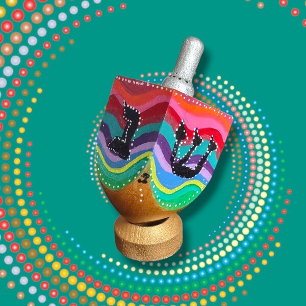 Handbemalte Swirly Bunte Dreidel eine von einer Art einzigartige Jehudaica Geschenk Jüdisches Chanukka Holz mit Ständer