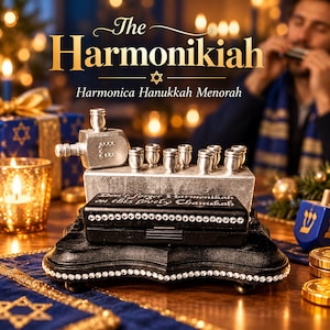 May include: A silver-toned metal Hanukkah menorah featuring a dreidel-shaped shamash and eight candle holders, mounted on a black base decorated with rhinestones. A black harmonica case with the text 'Don't forget Harmonikah on this lovely Chanukah' sits in front of the menorah, which is also adorned with rhinestones.