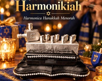 May include: A silver-toned metal Hanukkah menorah featuring a dreidel-shaped shamash and eight candle holders, mounted on a black base decorated with rhinestones. A black harmonica case with the text 'Don't forget Harmonikah on this lovely Chanukah' sits in front of the menorah, which is also adorned with rhinestones.