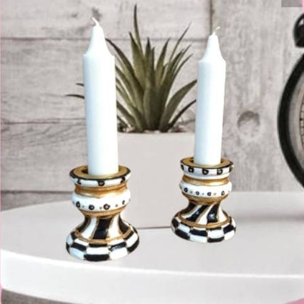 Shabbat Candle Holders Checkerboard Black White Gold