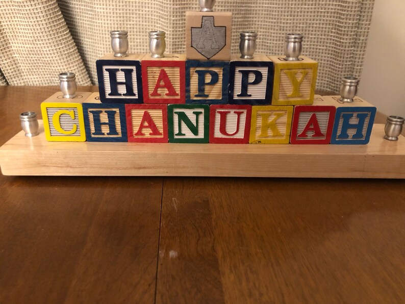 Happy Chanukah Menorah dreidel Wooden Blocks Judaica Jewish Hanukkah image 3