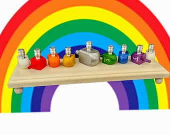 Rainbow Dreidel Menorah Repurposed Judaica Upcycled Hanukkiah Wood Rhinestones GLBT lesbian gay