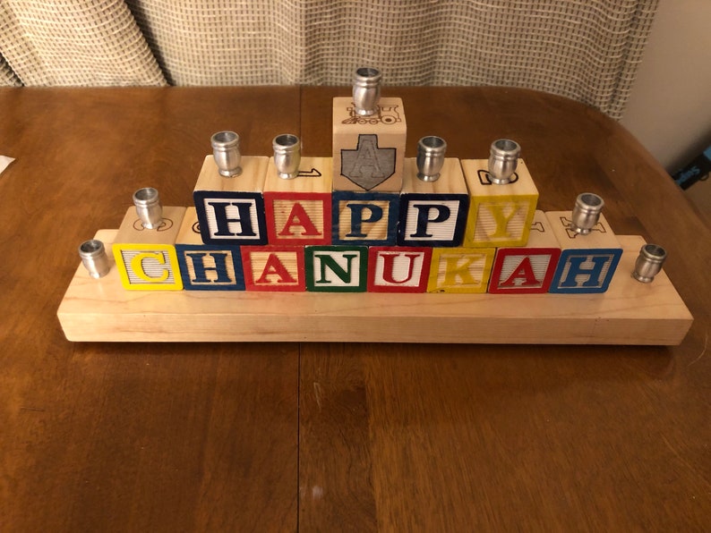 Happy Chanukah Menorah dreidel Wooden Blocks Judaica Jewish Hanukkah image 2