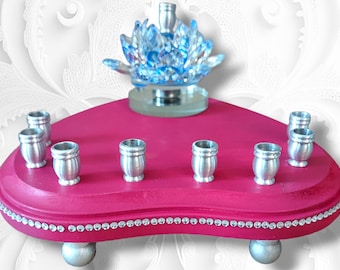 Crystal Lily spinning Menorah pink silver Hanukkiah Judaica Unique flower Gift Jewish Hanukkah personalize