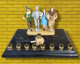 Wizard of Oz Menorah Collectible Judaica Hanukkiah Repurposed Figures movie Dorothy Toto Scarecrow Tin Man Lion We are Off to see the wizard