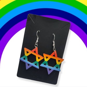 Wooden Rainbow Jewish Star Earrings LGBTQ+  Rainbow Pride Earrings Judaica Jewish Gift