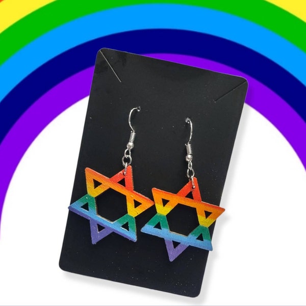 Wooden Rainbow Jewish Star Earrings, Rainbow Pride Earrings Judaica Jewish Gift