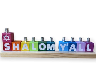 Shalom Y'all Menorah, Rainbow, Wooden Blocks repurposed, Jewish Southern Texas Judaica