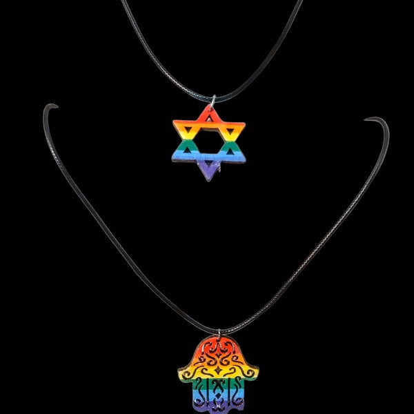 Rainbow Hamsa Rainbow six-pointed Jewish Star Jewish Hamsa Evil Eye Hand Fatima Necklace