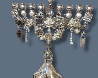 Menorah Vintage Silver Boho opal  sterling Bling Hanukkiah Jewelry Heirloom Chanukah pearl crystal