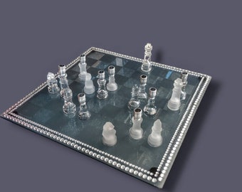 Vintage Chess Menorah Repurposed Judaica Upcycled Hanukkiah Glass Mirror Wood Rhinestones