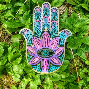 Hand painted Wooden Hamsa 2 sided Hanging Decoration Fatima Evil Eye Wedding Home Tree of Life Jewish Goddess