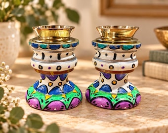 Aviva Hand Painted Shabbat Candlesticks | Colorful Jewish Candle Holders | Judaica Gift | Boho Shabbat Decor | Jewish Wedding Gift