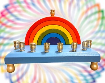 Rainbow Wood Menorah Hanukkiah Judaica Jewish Hanukkah Gift