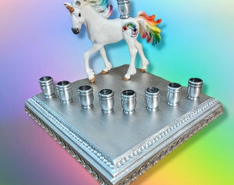 Unicorn Menorah Personalize Unihornukkiah Rainbow purple silver Hanukkiah Judaica Jewish Hanukkah