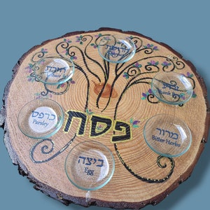 Tree of Life Passover Seder Plate Pesach Judaica live edge tree slice spring hand-painted burned Hebrew