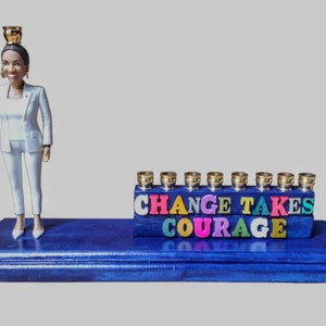 Change takes Courage AOC  Alexandria Orcasio-Cortes New  York Menorah Candle Hanukkah Judaica Hebrew Sparkly Repurposed Jewish unique