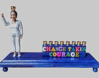 Change takes Courage AOC  Alexandria Orcasio-Cortes New  York Menorah Candle Hanukkah Judaica Hebrew Sparkly Repurposed Jewish unique