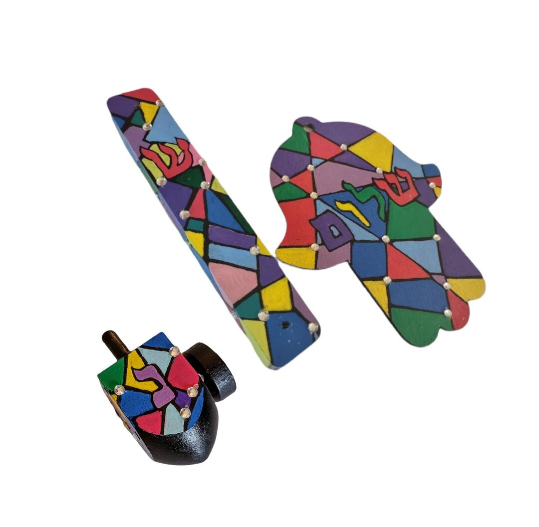 Hamsa and Mezuzah Set Faux Stained Glass Dreidel Protection Evil Eye
