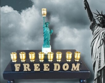 Statue of Liberty Freedom Menorah immigrant New York NYC Hanukkah Judaica Repurposed Figures Social Justice Hebrew