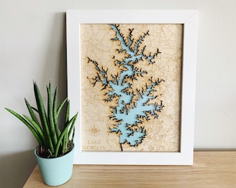 Lake Norman, NC - Wood Engraved Map