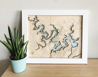 Lake Travis, TX - Wood Engraved Map