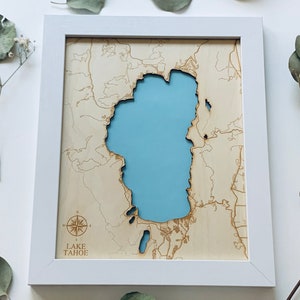 Lago Tahoe - Mapa gravado em madeira