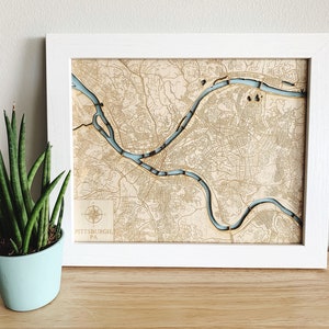 Pittsburgh, PA - Wood Engraved Map
