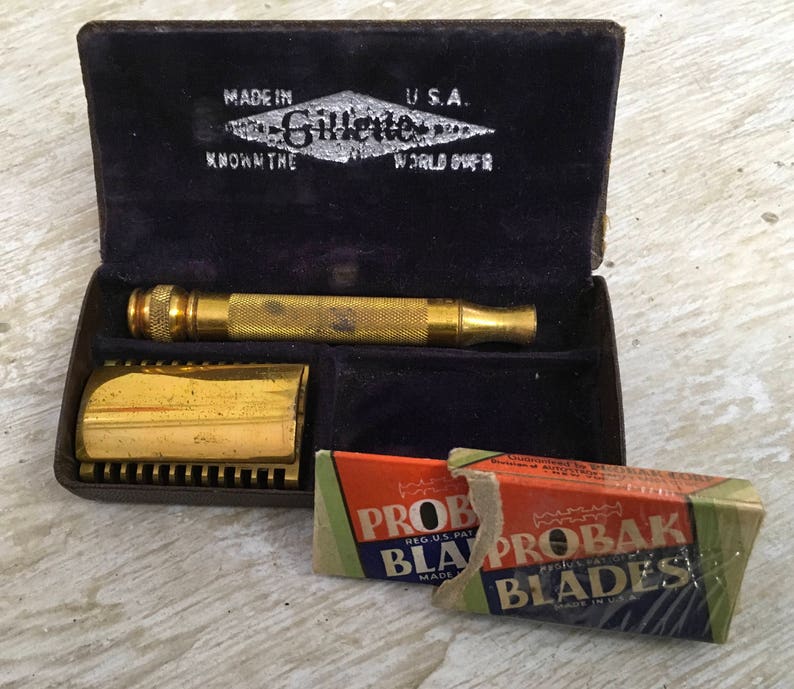 Rare Vintage Pre-war 1920's Gillette 3 Piece Gold Tone Patina Razor ...