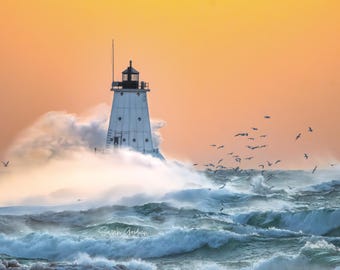 Grandes lagos salvajes / Faro de Ludington / Fotografía de Michigan / Olas / Ludington / Lago Michigan / Lienzo / Impresión en metal