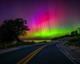 Scenic Drive Under The Lights / Northern Lights / Aurora Borealis / Duck Lake / Michigan / Night Sky / Canvas / Metal Print