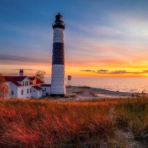 Crimson Sunset Glow / Big Sable Lighthouse / Sunset / Michigan Photography / Canvas / Metal Print / Wall Art