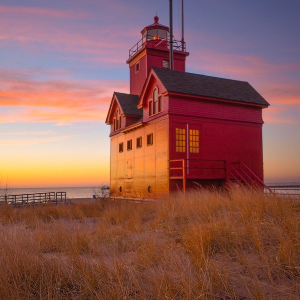 Big Red Lighthouse Sunset / Holland Michigan / Lighthouse Photography Beach Sunset