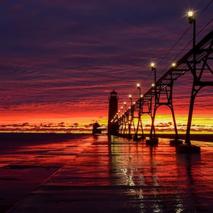 Fiery Sunset At Grand Haven Pier / Michigan / Lighthouse / Canvas / Metal Print / Michigan Photography