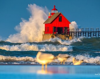 May include: A vibrant red lighthouse with a matching red roof stands against a backdrop of a turbulent sea. The structure is connected to a pier, and large waves crash against the lighthouse. Seagulls are in the foreground.