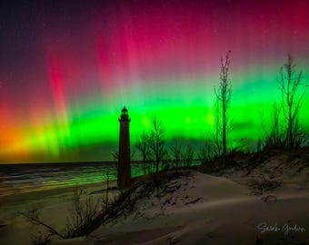 Light Beams and Night Lights / Northern Lights / Silver Lake / Little Sable Lighthouse / Michigan / Night Sky / Canvas / Metal Print