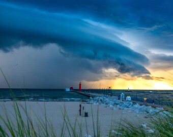 Heavenly Intensity / Lighthouse / Sunset / Storm / Weather / Michigan Photography / Grand Haven / Nautical / Canvas / Metal Print