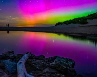 Colorful Night / Northern Lights / Aurora Borealis / Duck Lake / Michigan / Night Sky / Canvas / Metal Print