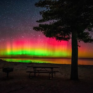 Peut inclure: Un spectacle d'aurores boréales vert et rouge vibrant au-dessus d'un lac calme avec une silhouette de pin et une table de pique-nique au premier plan.