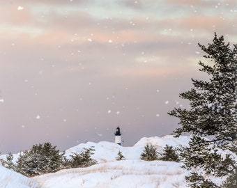 Winter Wonder Magic / Big Sable Lighthouse / Nieve / Puesta de sol / Fotografía de Michigan / Decoración de pared / Lienzo / Impresión de metal / Arte de pared