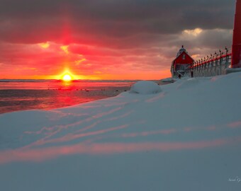 Winter Sunset / Grand Haven Lighthouse / Michigan Lighthouse/ Michigan Photography / Wall Art / Canvas / Metal Print